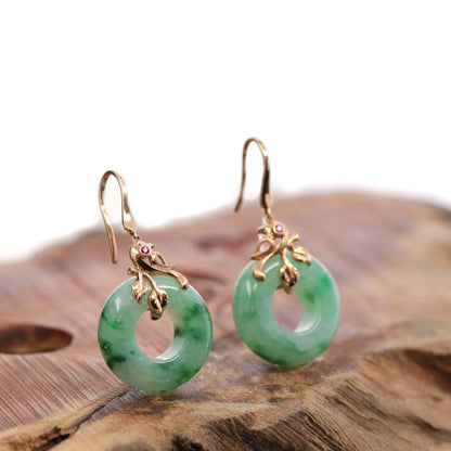 Vejade "Good Luck Birdie" genuine Green Jadeite Jade Earrings