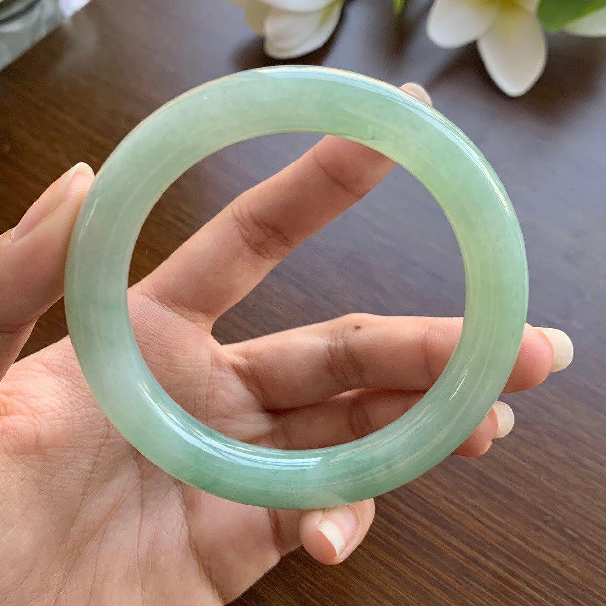 Burmese Natural Ice Waxy Jadeite Light Sun Green Jade Bracelet