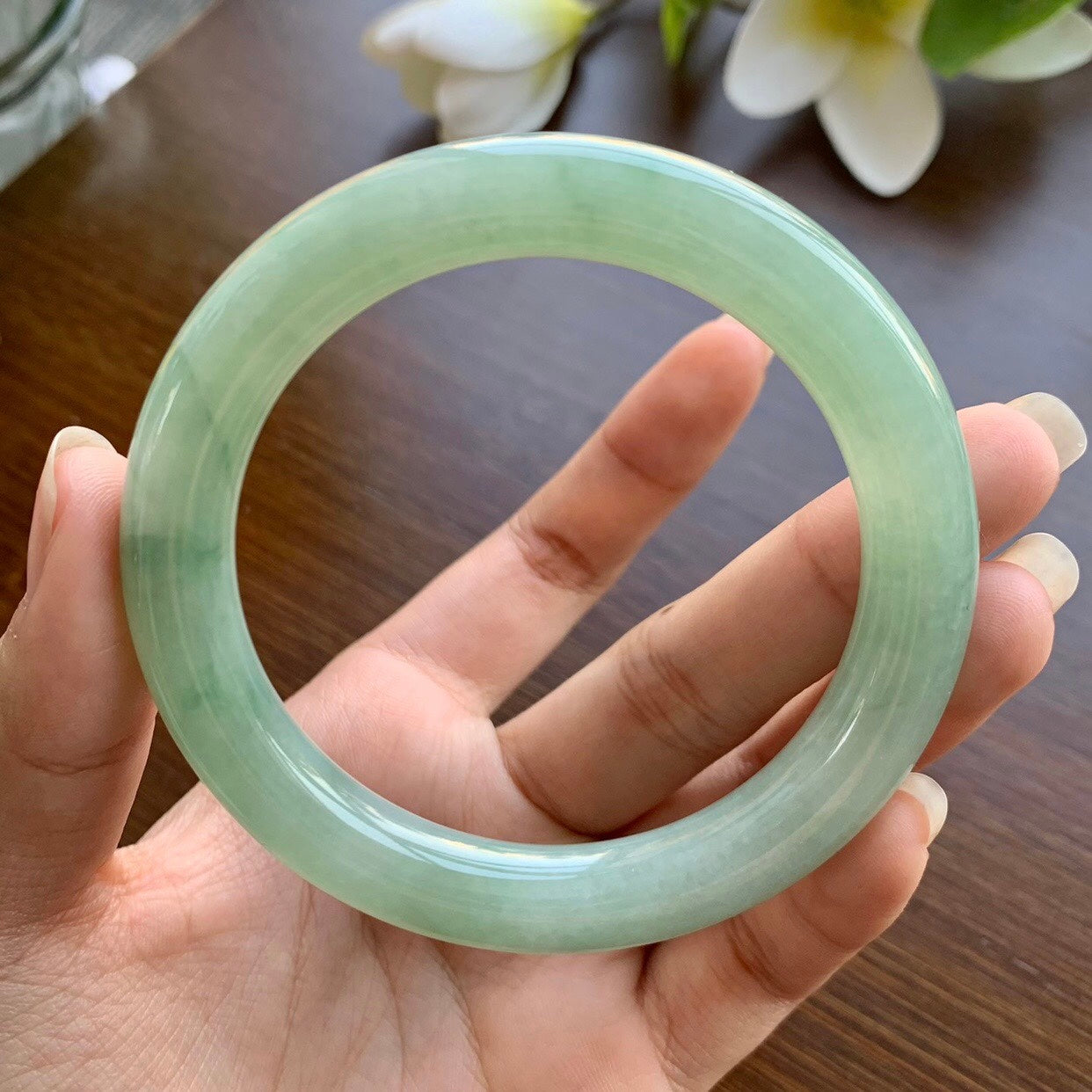 Burmese Natural Ice Waxy Jadeite Light Sun Green Jade Bracelet