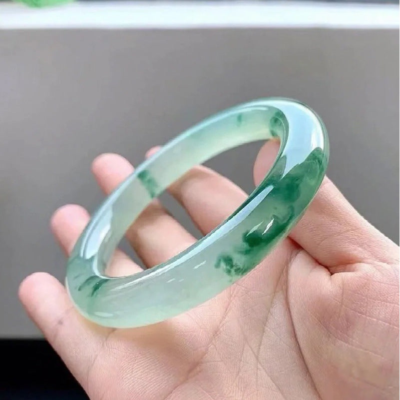 Natural Burmese Jadeite Jade Bracelet Round Bar Sun Green Genuine Ice Jade